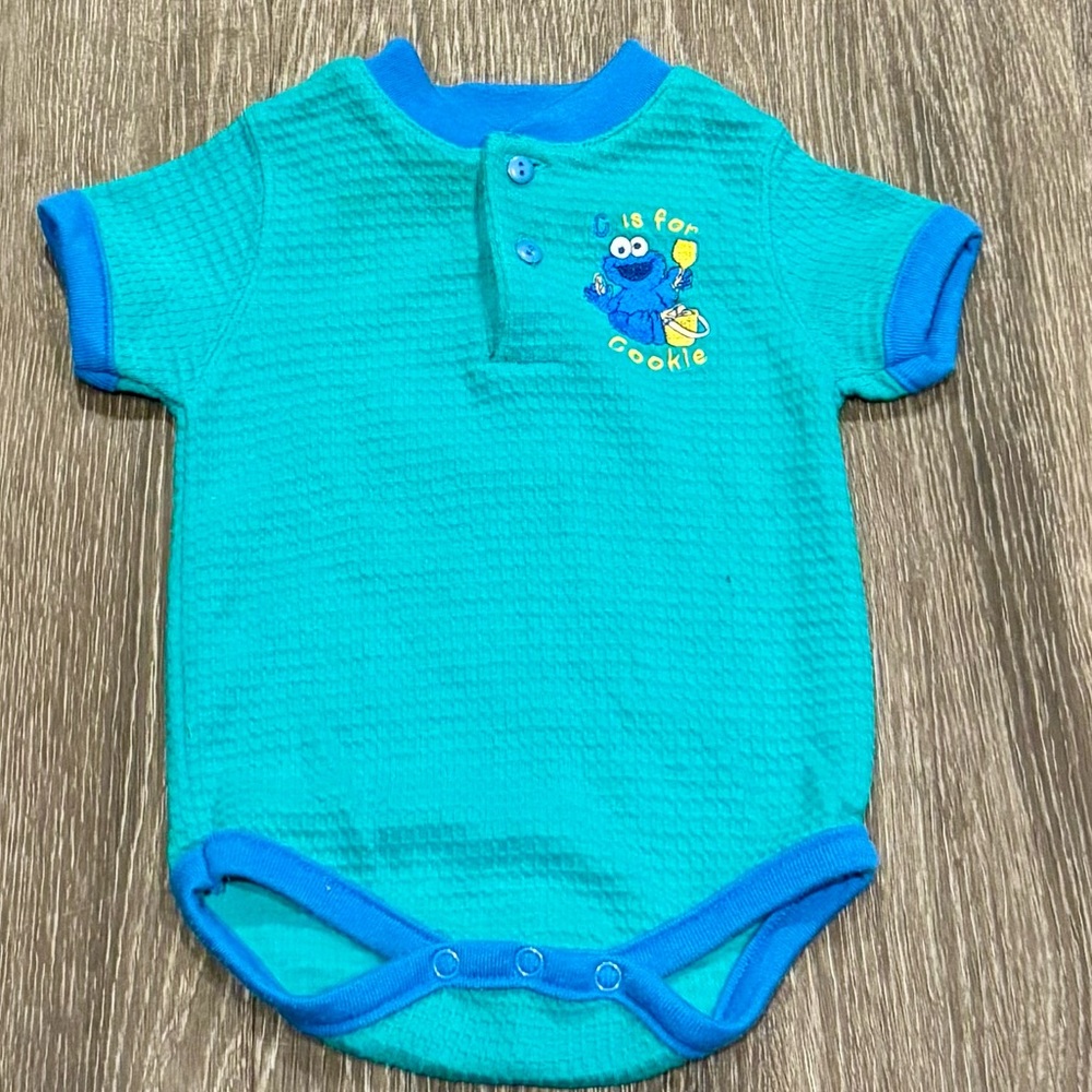 Vintage Cookie Monster Sesame Street Kids Teal 90s Bodysuit Sz 3-6 month